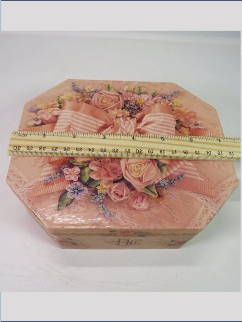 Vintage Truly Lace Pink Octagon Trinket Box Mirror Victorian Bow Gift Box